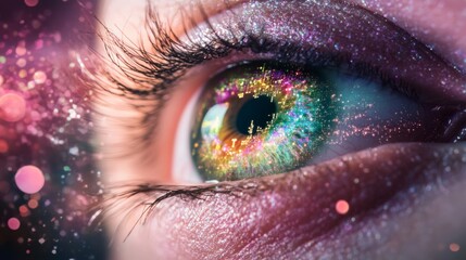 Poster - Macro close up of an eye reflecting a vibrant, colorful cityscape, blending biology and technology in a mesmerizing display of future possibilities
