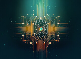 Fototapete - Abstract digital artwork featuring a grainy, paper-textured hexagonal circuit design.  Warm and cool tones illuminate the intricate lines and nodes.