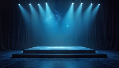 Poster - Dark room with stage lighting. Spotlight illuminates two-tiered platform. Blue light, starry background. Suitable for product presentation, exhibition, concert. Modern tech futuristic design. Perfect