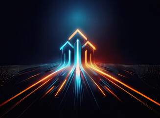 Fototapete - Glowing neon arrows forming houses rise from a dark, grainy paper-textured surface, symbolizing growth and upward mobility.
