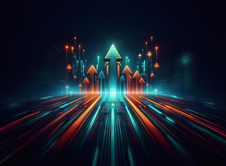 Aufkleber - Glowing arrows ascend on a grainy paper texture, symbolizing growth and progress in a digital landscape.  Speed lines radiate outwards, creating a dynamic, futuristic feel.