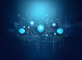 Aufkleber - Abstract digital artwork.  Granular paper texture, glowing blue hexagons connected by circuitry, creating a futuristic, technological design.  Dark blue background.