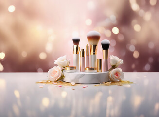 Poster - A set of makeup brushes and cosmetic products displayed on a marble stand, adorned with roses and gold glitter. The grainy paper-like texture of the background adds to the luxurious feel.
