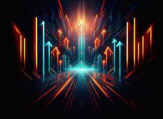Aufkleber - A gritty, textured paper-like effect enhances this digital image of a glowing, neon-lit corridor of upward-pointing arrows.  The vibrant colors create a sense of depth and movement.
