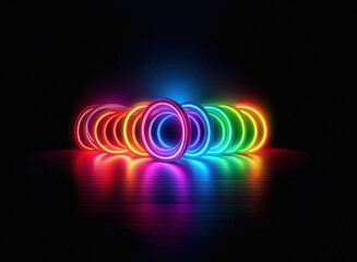 Aufkleber - Vibrant rainbow neon rings glow on a dark, reflective surface.  The grainy paper-like texture is subtly implied by the image's rendering.