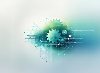 Fototapete - Abstract artwork depicting interconnected gears within a grainy, paper-textured sphere, suggesting technological processes and networks.  A soft, teal and green color palette creates a calming yet com