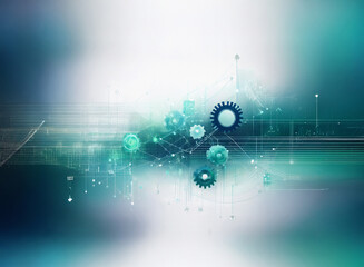 Fototapete - Abstract image depicting a network of interconnected gears on a grainy paper texture background.  The design evokes themes of technology, mechanics, and connectivity.  The color palette is cool-toned,
