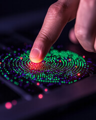 Fototapete - A detailed close-up of hands typing on a secure laptop with a biometric scanner, highlighting advanced fraud prevention technologies in data preservation,