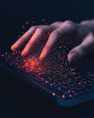 Fototapete - A detailed close-up of hands typing on a secure laptop with a biometric scanner, highlighting advanced fraud prevention technologies in data preservation,
