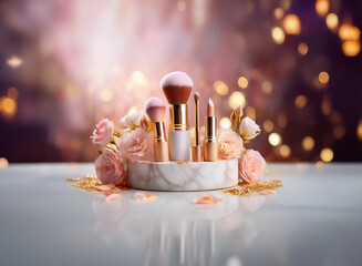 Poster - Glamorous makeup brushes and lip products arranged on a marble stand, adorned with delicate pink roses.  Granular paper texture adds depth.