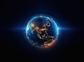 Poster - Glowing digital Earth, a grainy paper texture effect, shows interconnectedness of continents.  Lines of light illustrate global networks.