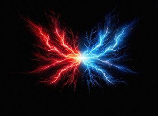 Fototapete - A gritty, paper-textured image depicting two opposing, vibrant energy flows: one red, one blue, forming a butterfly-like shape against a stark black background.  The texture is grainy and intense.