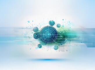 Fototapete - Abstract digital illustration featuring interconnected gears on a grainy paper texture background.  Cool blue and green tones create a technological feel.