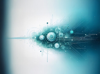 Fototapete - Abstract teal and white digital illustration with grainy paper texture.  Gears and circuit board elements create a technological theme.