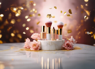 Poster - Elegant makeup brushes and cosmetics arranged on a marble display, adorned with pink roses and gold confetti against a grainy, textured paper backdrop.