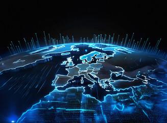 Aufkleber - A grainy, textured paper-like effect depicts a digital globe, showcasing Europe in glowing blue lines against a black background.  Data streams emanate from the continents.