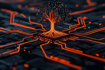 Fototapete - A creative digital artwork depicting a tree with roots intertwined with digital cables, symbolizing the preservation of data integrity through fraud prevention systems,