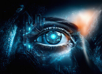 Poster - A close-up of a woman's eye, digitally enhanced with glowing circuit board patterns on a grainy paper texture.  The effect is futuristic and mysterious.