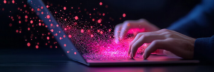 Leinwandbilder - A detailed close-up of hands typing on a secure laptop with a biometric scanner, highlighting advanced fraud prevention technologies in data preservation,