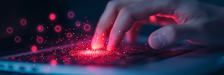 Aufkleber - A detailed close-up of hands typing on a secure laptop with a biometric scanner, highlighting advanced fraud prevention technologies in data preservation,