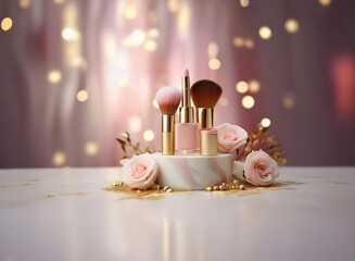 Poster - Elegant makeup brushes and pink cosmetics displayed on a marble stand, adorned with roses and gold accents.  The grainy paper texture of the background adds a soft, romantic feel.