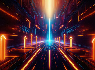 Aufkleber - A vibrant, digital corridor glows with orange and blue neon lines, leading to a bright light.  The grainy paper texture adds depth to the futuristic scene, suggesting a high-speed journey.