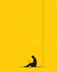 Poster - A minimalist illustration of a person tethered to a computer by digital cables, symbolizing the strong dependency on internet connectivity and online presence,