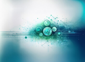 Poster - Abstract digital art.  Granular paper texture. Teal and blue hues depict interconnected gears and nodes, suggesting a complex system or network.  A subtle, hazy cloud effect is present.