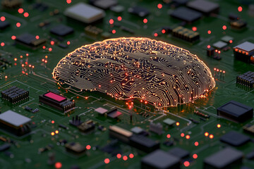 Poster - A creative depiction of a brain made up of interconnected circuits and devices, representing the integration of technology into human cognition and the growth of dependency,