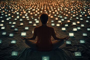 Aufkleber - A serene image of a person meditating surrounded by digital devices, symbolizing the struggle to balance technology dependency with personal well-being,
