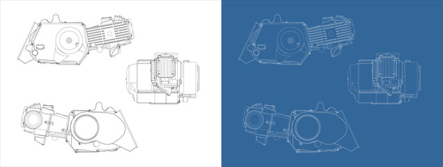 Motorcycles engines 100cc line drawing technical blueprints illustration vector. isolated on transparent background