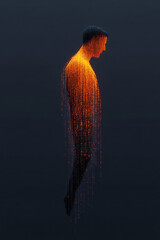 Aufkleber - A creative digital illustration of a human figure intertwined with digital data streams, representing the deep integration and dependency on information technology,