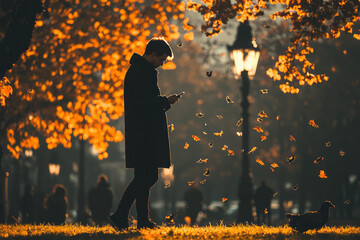 Poster - A serene image of a person walking alone in a park while constantly checking their smartphone, symbolizing the isolation that can come with increased dependency on digital devices,
