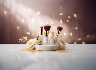 Poster - Elegant makeup brushes and bottles arranged on a grainy paper textured marble tray.  Golden confetti and soft lighting create a luxurious feel.