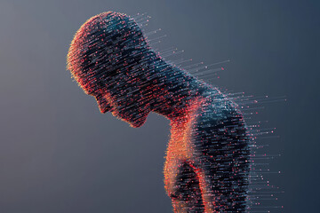 Aufkleber - A creative digital illustration of a human figure intertwined with digital data streams, representing the deep integration and dependency on information technology,