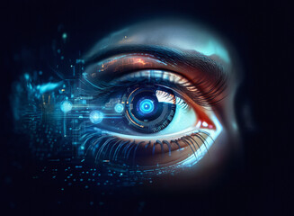 Aufkleber - A close-up of a woman's eye, digitally enhanced with glowing blue circuitry.  Granular paper texture is subtly visible.  Cybernetic, futuristic vision.
