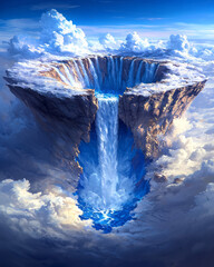 Poster - A creative digital artwork of a waterfall that appears to flow upwards, symbolizing the inversion of logical thinking and unexpected perspectives,