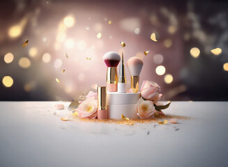 Poster - Elegant makeup brushes and blush in a white container, surrounded by pink roses and gold confetti on a grainy paper texture.  A celebratory and luxurious feel.