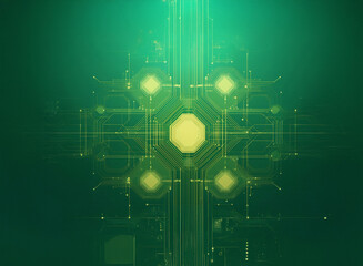 Aufkleber - Abstract digital artwork.  Glowing green and yellow circuitry on a grainy paper texture background.  Symmetrical design with central hexagon.