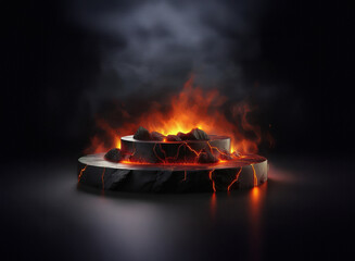 Aufkleber - Fiery, smoky scene featuring a two-tiered stone platform with a grainy paper-like texture. Lava flows between the cracked stone levels. Dark and dramatic mood.