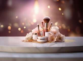 Poster - Makeup brushes and cosmetic jars nestled in delicate flowers on a grainy paper textured surface.  A soft, glowing background enhances the elegant presentation.