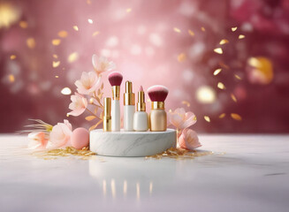 Poster - Elegant makeup brushes and cosmetics displayed on a marble stand, adorned with delicate pink flowers and gold confetti against a grainy paper texture backdrop.