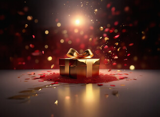 Poster - A golden gift box with a red ribbon sits on a white surface, surrounded by scattered red and gold confetti.  The grainy paper texture adds a luxurious feel to the celebratory scene, lit from above.