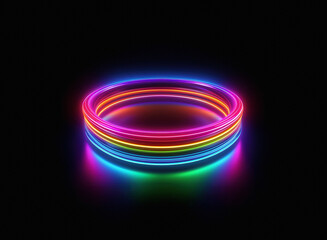 Aufkleber - Vibrant rainbow neon rings glow on a grainy paper texture, creating a futuristic, circular light display against a black background.  The rings cast a colorful reflection.
