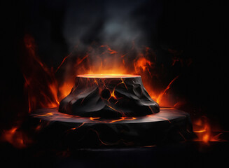 Aufkleber - A fiery, volcanic display.  Glowing embers and smoke rise from a griany, stone platform with a paper-like texture, set against a dark background.