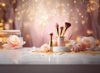 Poster - A set of makeup brushes in a pink holder rests on a marble surface, adorned with delicate peach blossoms and gold glitter. The grainy paper texture of the background adds a touch of elegance.