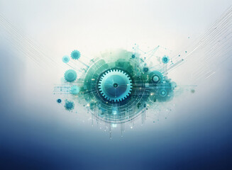 Aufkleber - Abstract digital artwork with a grainy paper texture.  Teal and blue hues depict interconnected gears and technological elements, creating a sense of complex machinery and innovation.