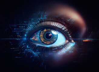 Aufkleber - A close-up of a digital eye, rendered with a grainy paper texture.  Circuitry overlays the iris, suggesting technological integration.  The overall effect is dark, mysterious, and high-tech.