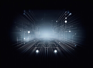 Aufkleber - Abstract digital circuitry, glowing lines and nodes on a grainy paper texture, creating a futuristic, tunnel-like perspective.  The dark background emphasizes the illuminated pathways.