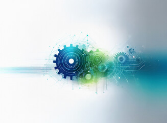Aufkleber - Abstract image of interconnected gears and circuitry on a grainy paper texture background.  Cool blue and green tones dominate the design, suggesting technological advancement and precision.